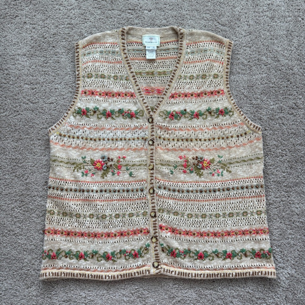 Susan Bristol Vintage 1996 Hand Embroidered Floral Grandma Knit Vest 1W 90s